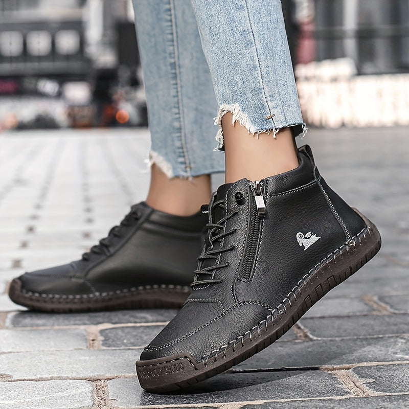 Bottines Plates Femme Similicuir, Lacets et Zip, vue 10