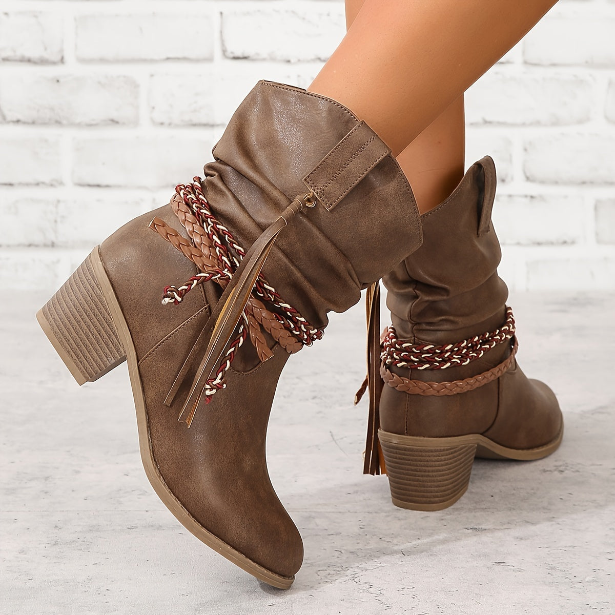 Bottes Western Femme à Franges, Similicuir Brun