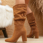 Bottes Mi-Mollet Femme Froncées, Aspect Daim, Bout Pointu