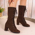 Bottes à Lacets Femme Mi-Mollet, Talon Bloc Haut – coloris marron foncé