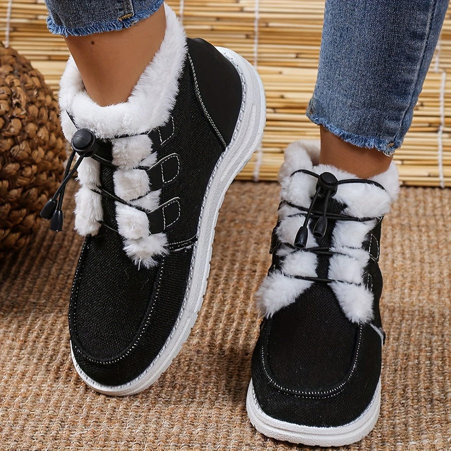 Bottes Fourrées Femme Courtes en Tissu, Lacets Élastiques – coloris noir