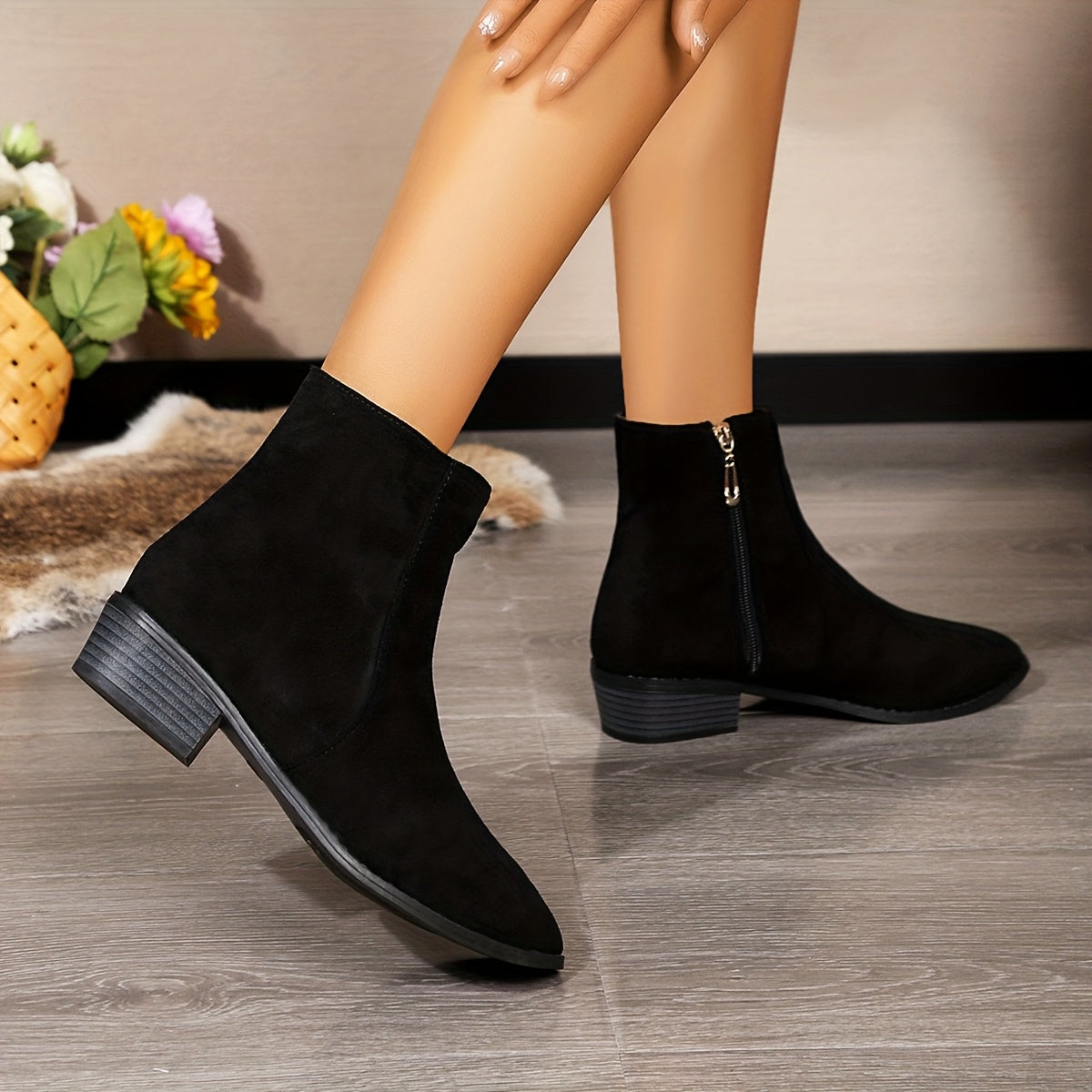 Bottines Femme Zippées, Microfibre Aspect Daim, Talon 4 cm