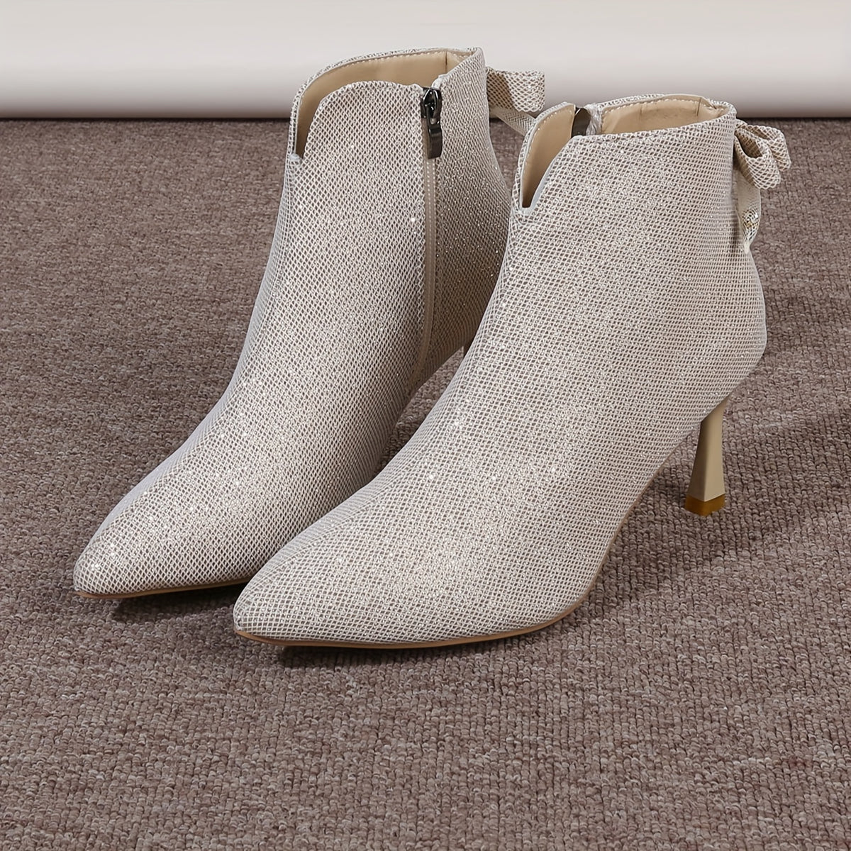 Bottines Pailletées Femme en Tissu, Talon Aiguille, Nœud