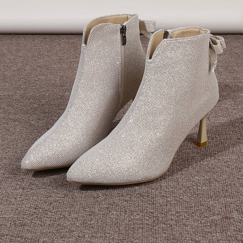 Bottines Pailletées Femme en Tissu, Talon Aiguille, Nœud