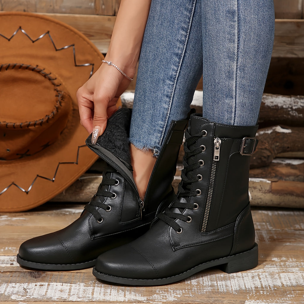 Bottes à Lacets Femme Similicuir, Zip et Bride à Boucle, vue 12