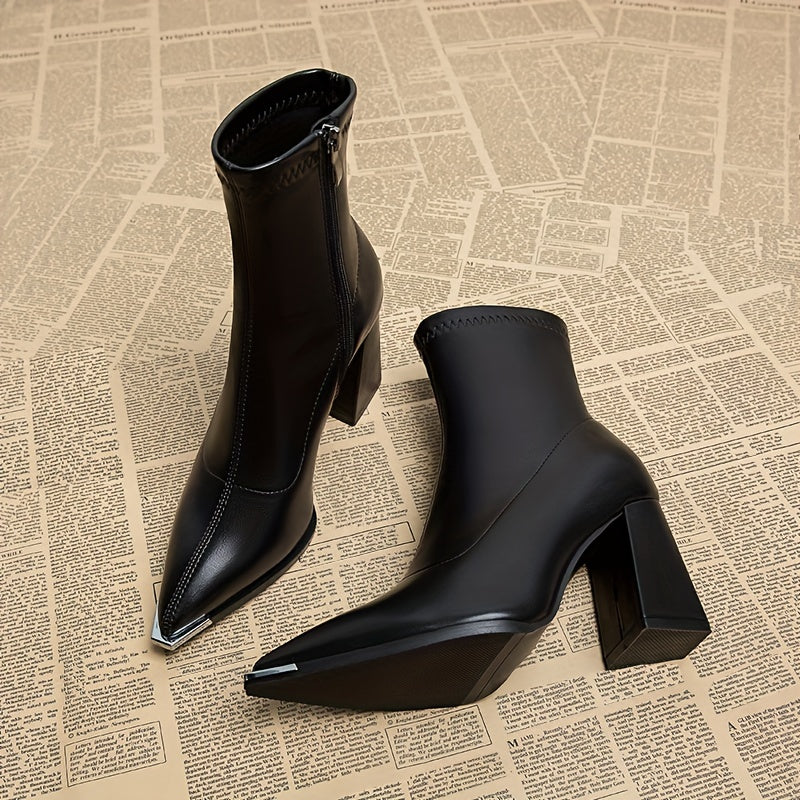 Bottines Femme Similicuir, Talon Haut, Bout Pointu Métal – coloris noir