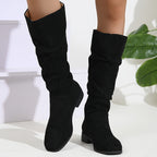 Bottes Plates Femme Hautes, Aspect Daim, Tige Froncée, vue 2