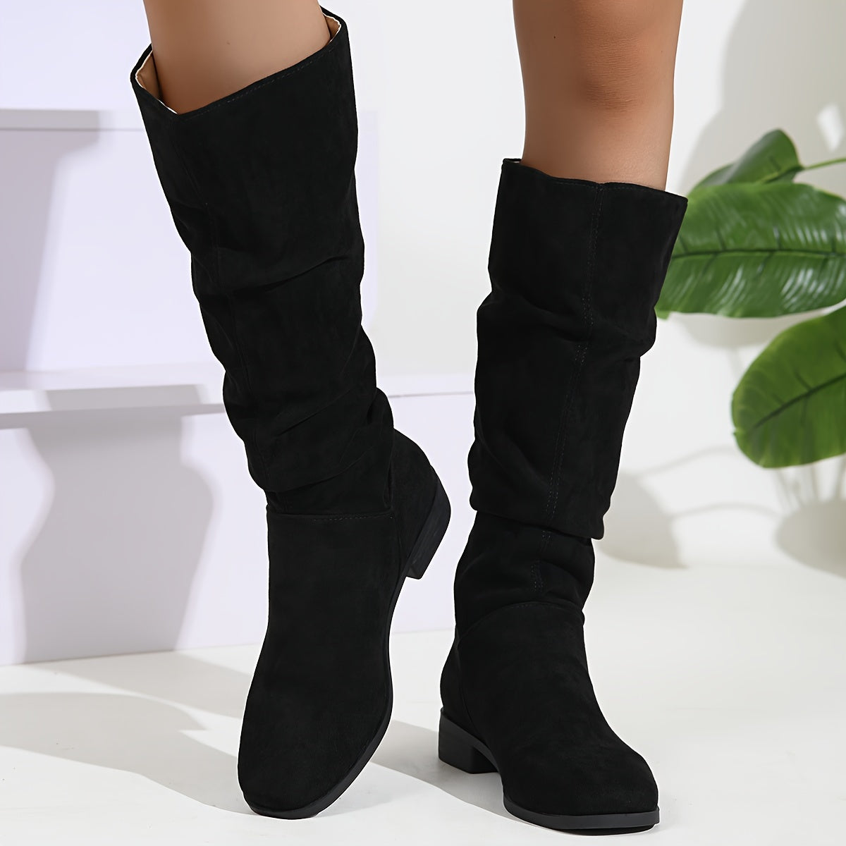 Bottes Plates Femme Hautes, Aspect Daim, Tige Froncée, vue 2