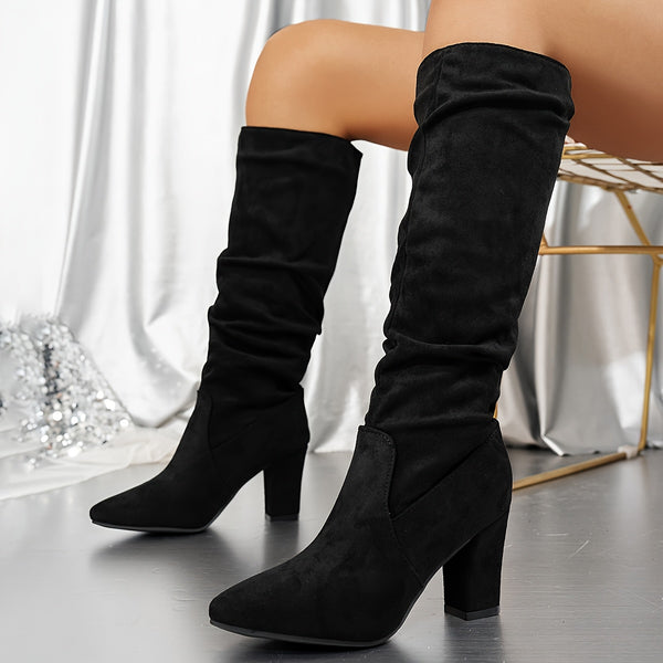 Bottes Hautes Femme Plissées, Aspect Daim, Talon Bloc Haut