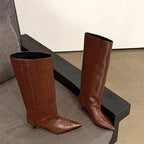 Bottes Hautes Femme Bout Pointu, Similicuir Effet Croco – coloris marron clair