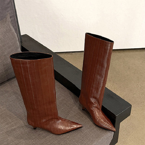 Bottes Hautes Femme Bout Pointu, Similicuir Effet Croco – coloris marron clair