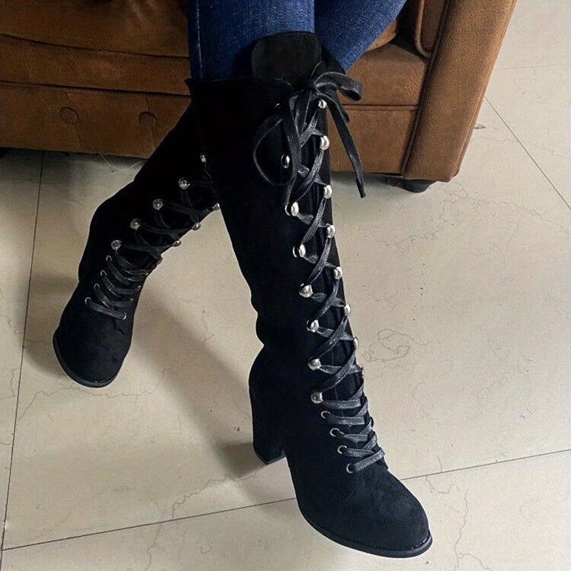 Bottes Hautes Femme à Lacets, Talon Bloc – coloris noir, vue 2
