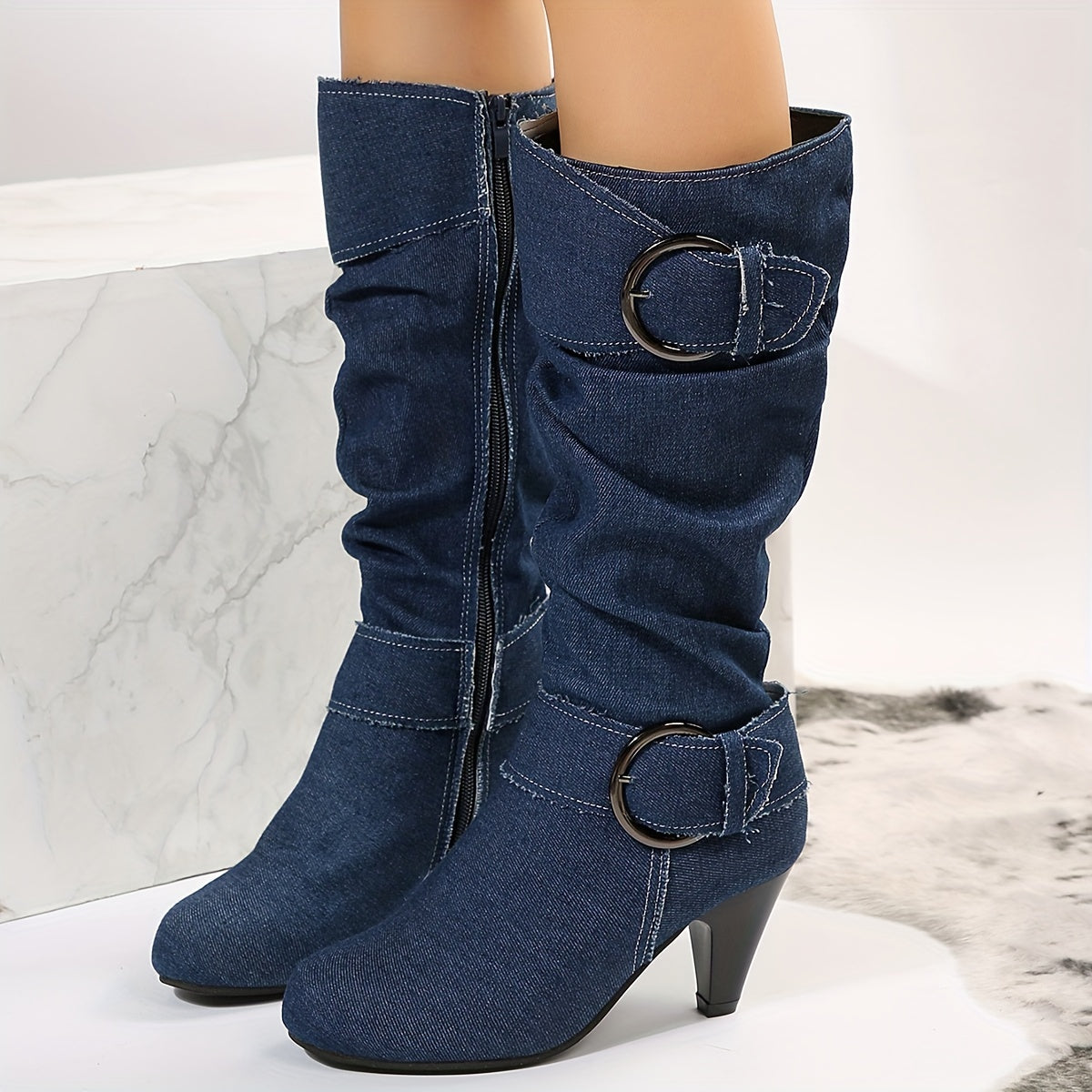 Bottes Hautes Femme à Boucle, Effet Daim, 4 Coloris – coloris bleu