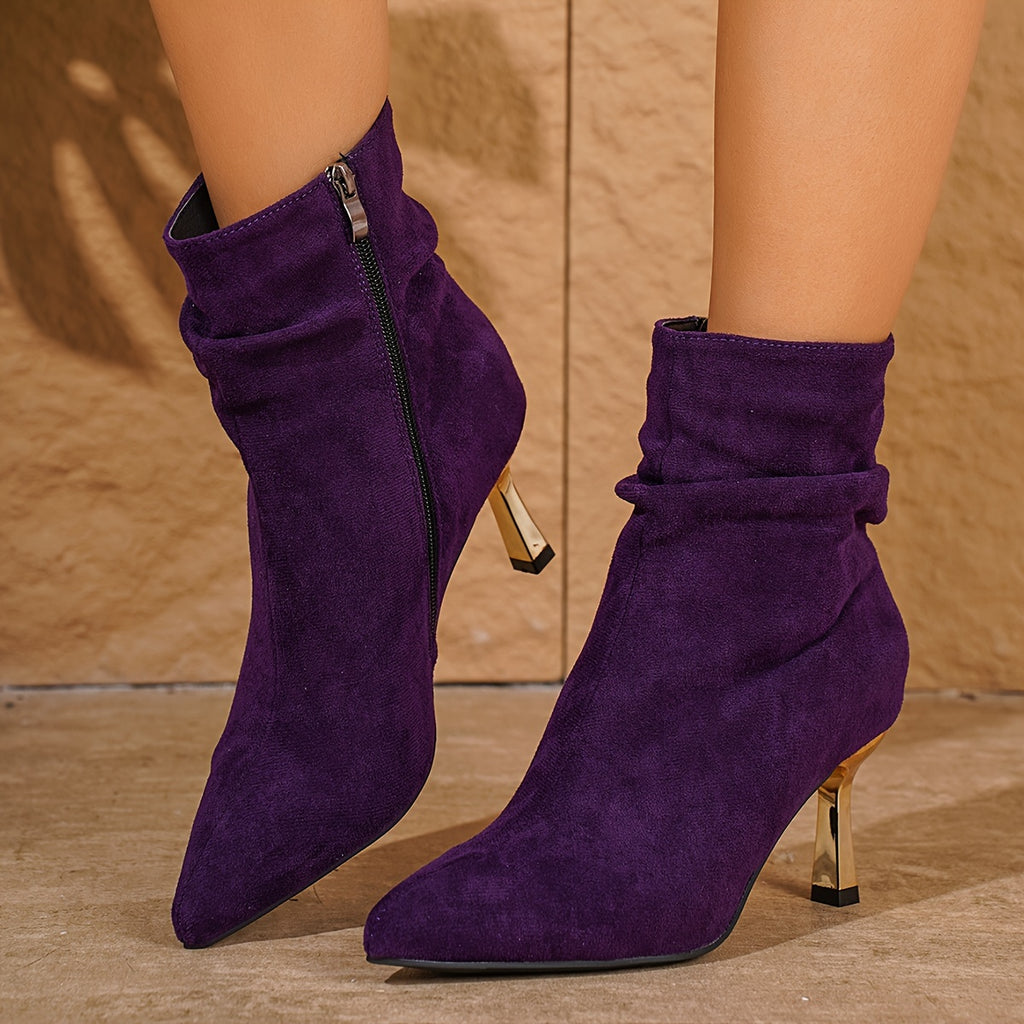 Bottines Femme Talon Fin Doré, Tige Froncée, Suédine, vue 14