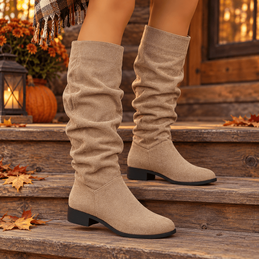 Bottes Hautes Femme Aspect Daim, Tige Froncée, Talon Bas – coloris beige