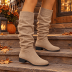 Bottes Hautes Femme Aspect Daim, Tige Froncée, Talon Bas – coloris beige