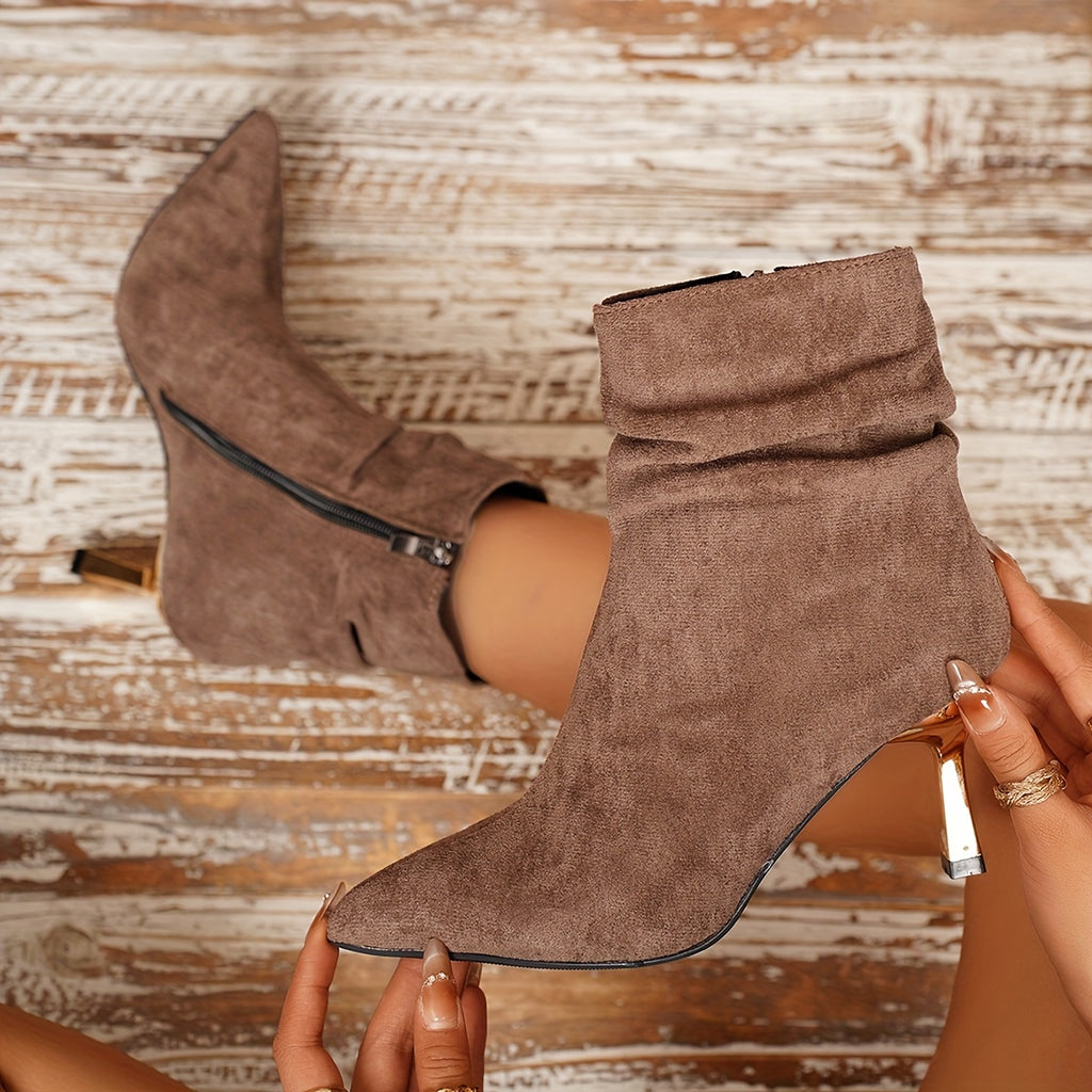 Bottines Femme Talon Fin Doré, Tige Froncée, Suédine – coloris marron clair