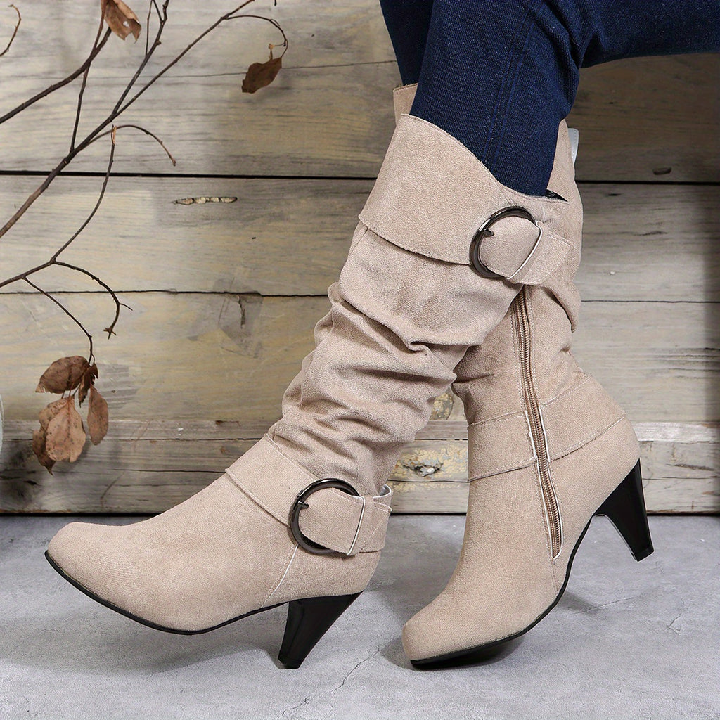 Bottes Femme Hautes, Brides à Boucle, Aspect Suédé – coloris beige