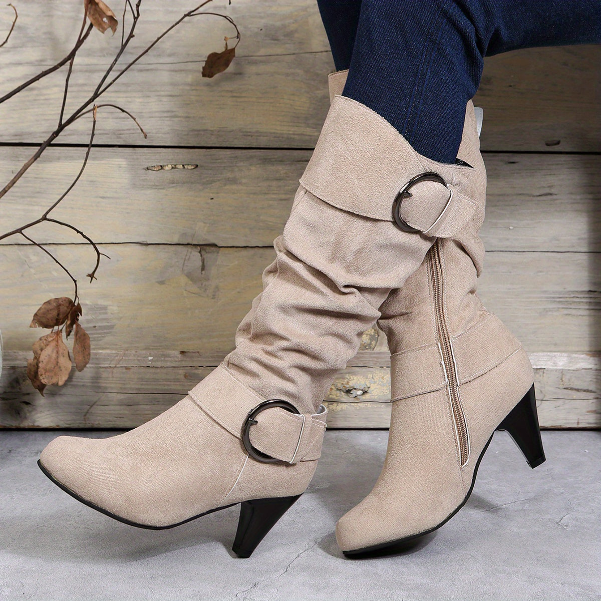 Bottes Femme Hautes, Brides à Boucle, Aspect Suédé – coloris beige