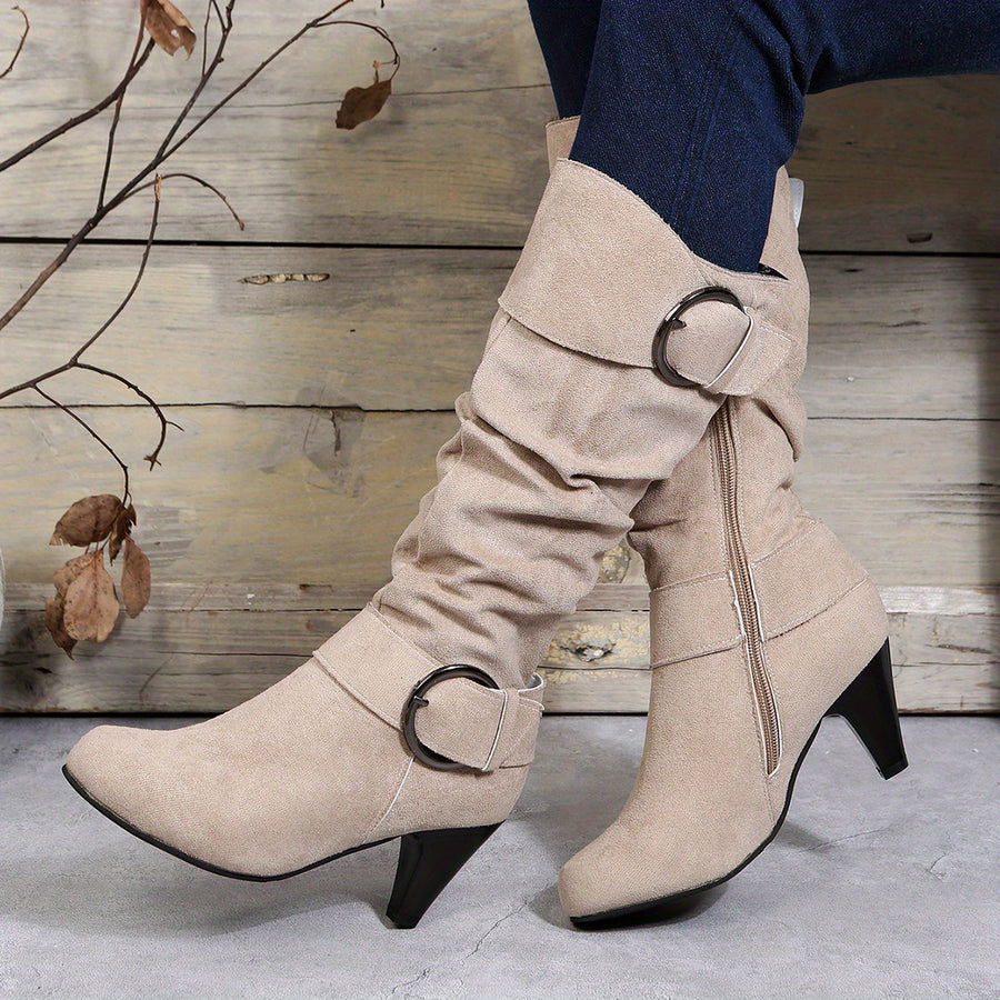 Bottes Femme Hautes, Brides à Boucle, Aspect Suédé – coloris beige