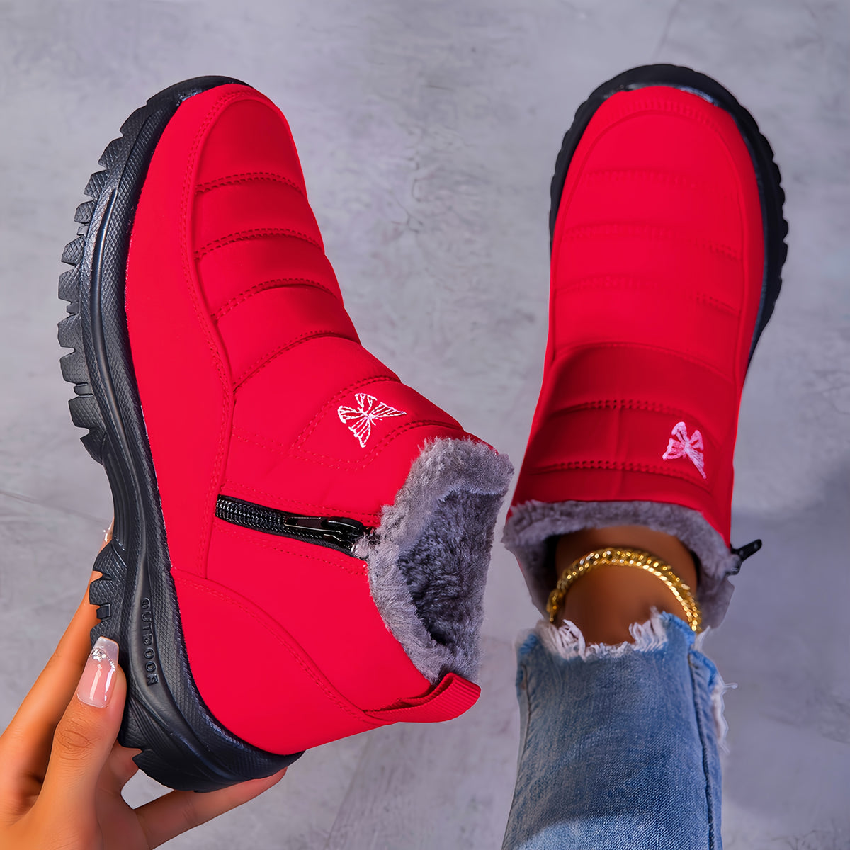 Bottines Femme Fourrées, Fermeture Zip, Bout Rond – coloris rouge