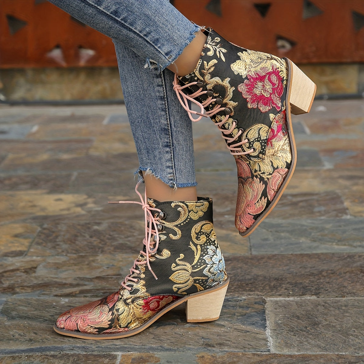 Bottes Brodées Fleurs, Talon Bloc, vue 8