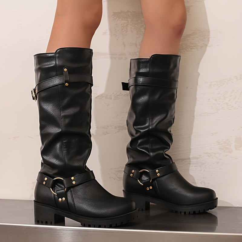 Bottes Motardes Femme Hautes, Similicuir Vieilli, Anneau, vue 5