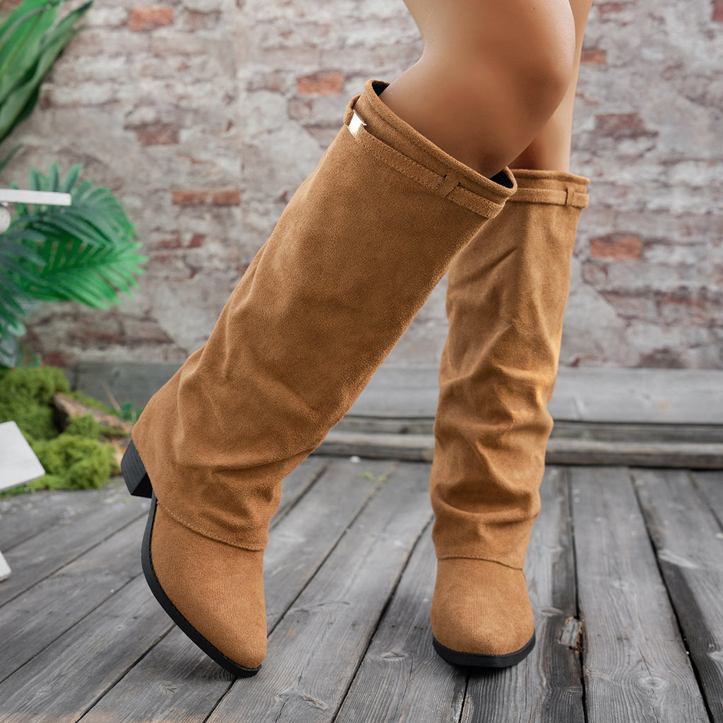 Bottes Hautes Femme à Revers, Aspect Daim, Bout Pointu, vue 12