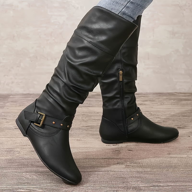 Bottes Motardes Femme Similicuir, Tige Froncée à Boucles – coloris noir