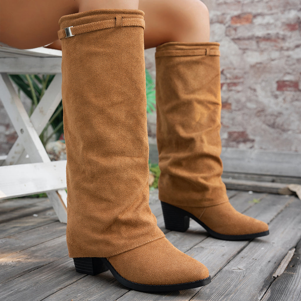 Bottes Hautes Femme à Revers, Aspect Daim, Bout Pointu – coloris camel