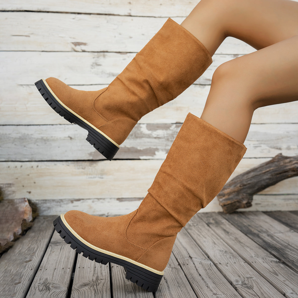 Bottes Plateforme Femme Mi-Mollet Tombantes, Aspect Daim – coloris camel