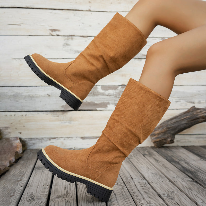 Bottes Plateforme Femme Mi-Mollet Tombantes, Aspect Daim – coloris camel