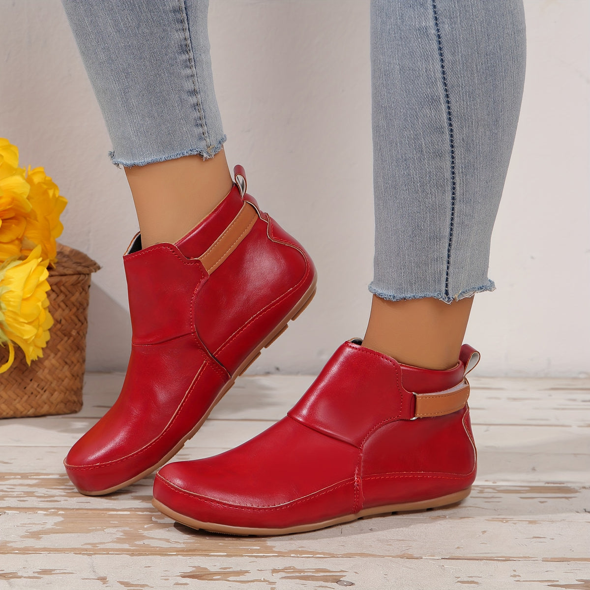 Bottes Cheville Femme Grande Taille en Simili Cuir – coloris rouge