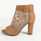 Bottines d'Été Femme Bout Ouvert, Maille Dentelle, Talon Haut