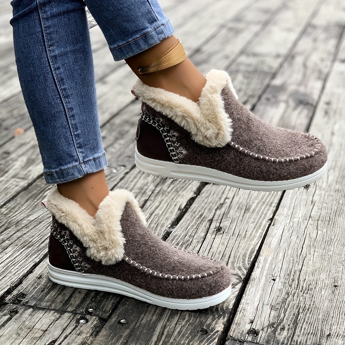 Bottines Femme Cheville, Flanelle, à Enfiler – coloris café