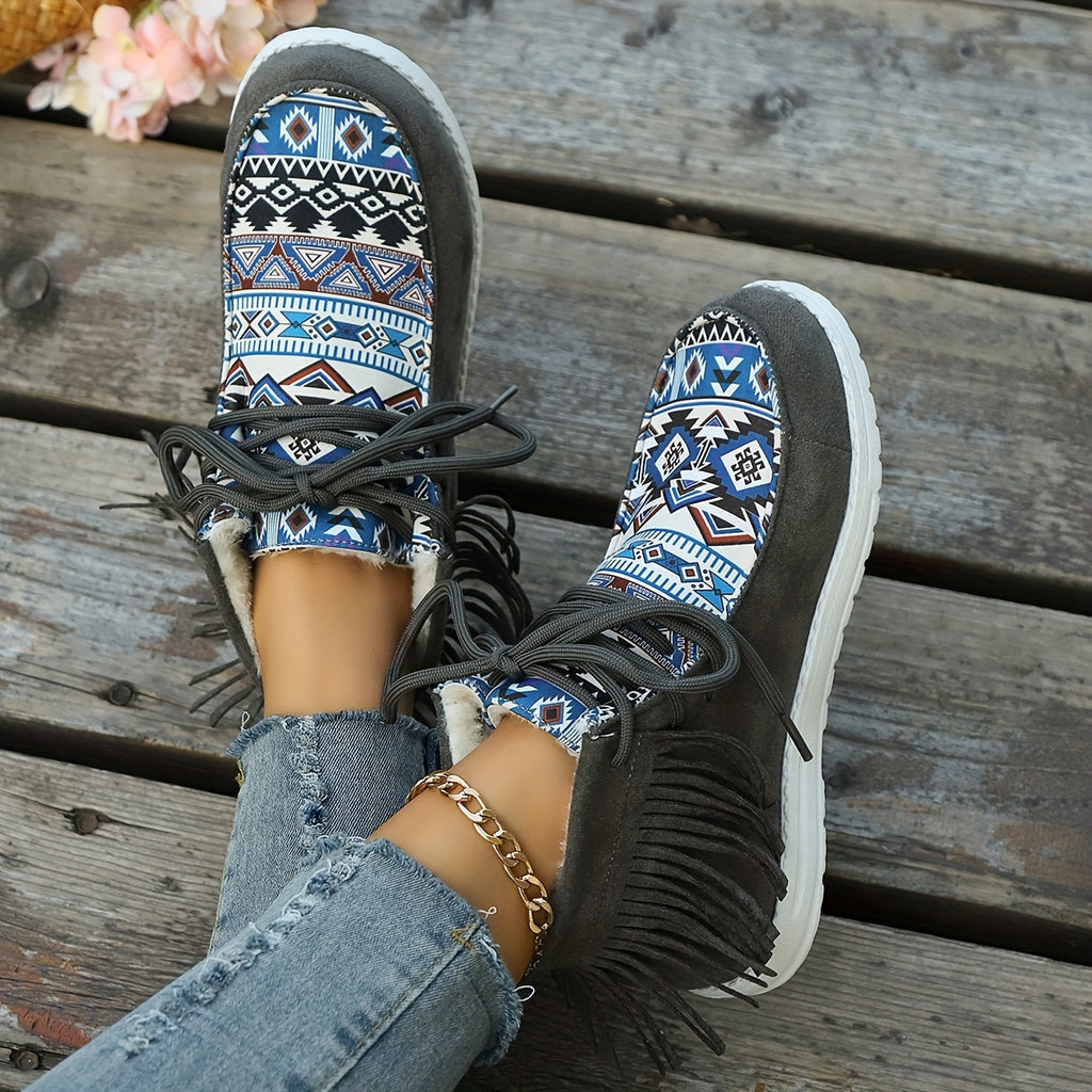 Bottines Mocassin Femme, Franges et Imprimé Aztèque – coloris gris foncé, vue 2