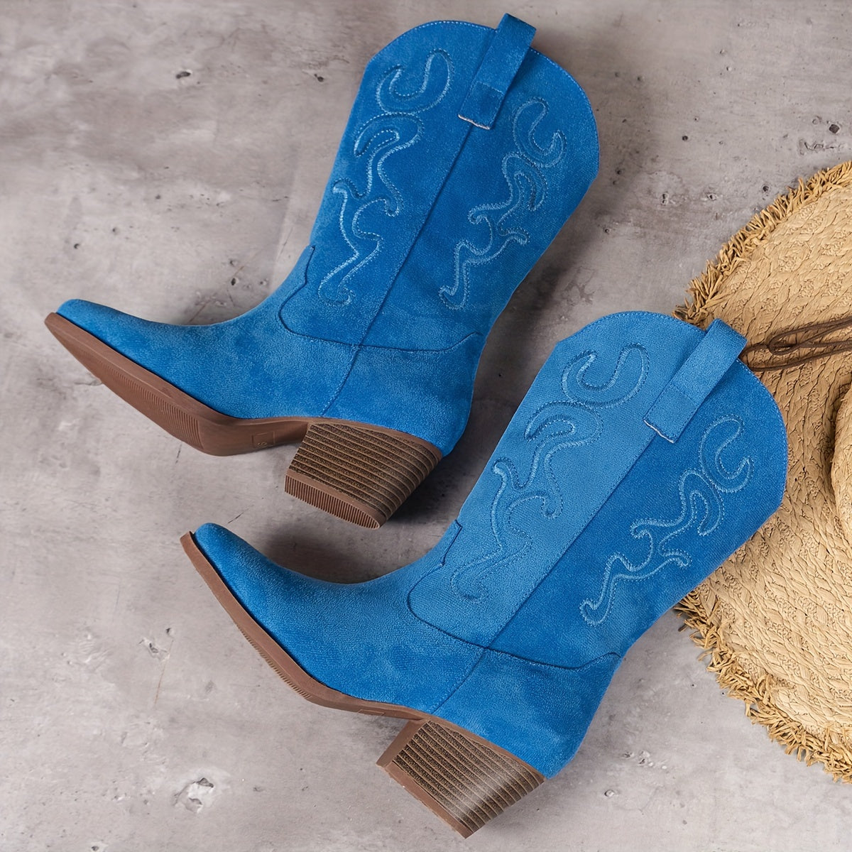 Bottes Cowboy Femme Brodées, Bout Pointu – coloris bleu ciel, vue 3