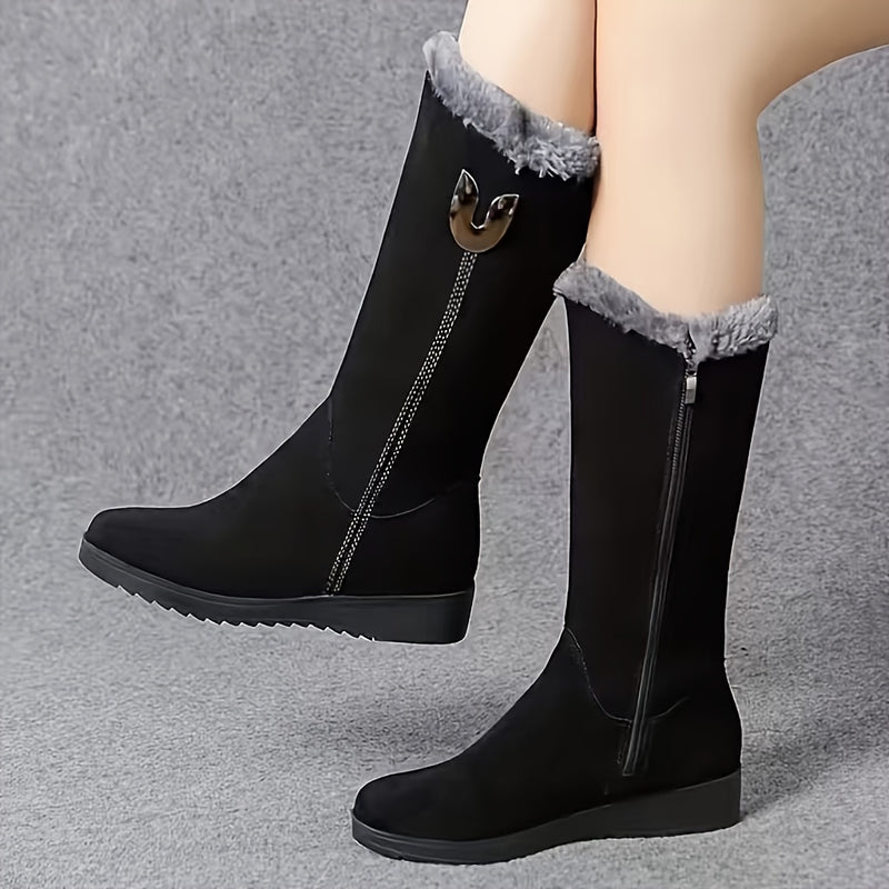 Bottes Fourrées Femme Mi-Mollet, Aspect Daim, Zip, vue 2