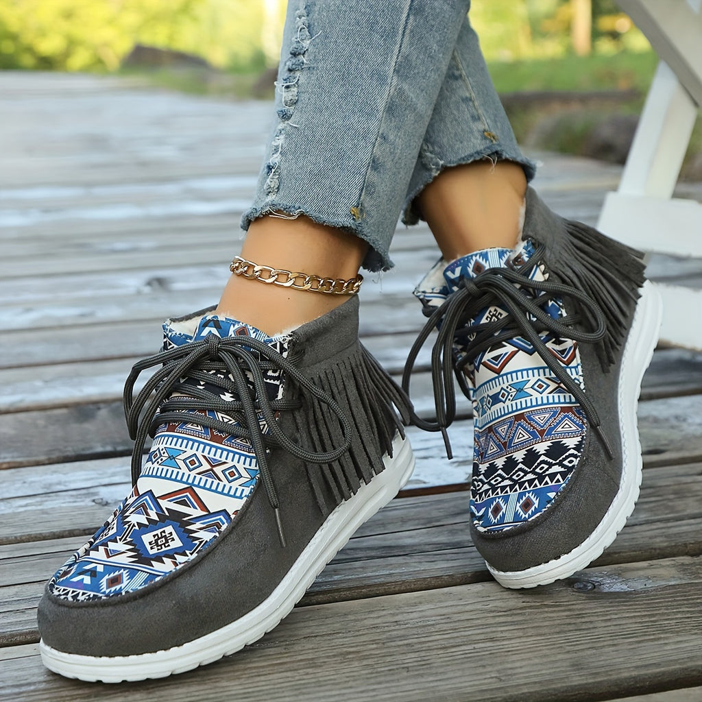 Bottines Mocassin Femme, Franges et Imprimé Aztèque, vue 5
