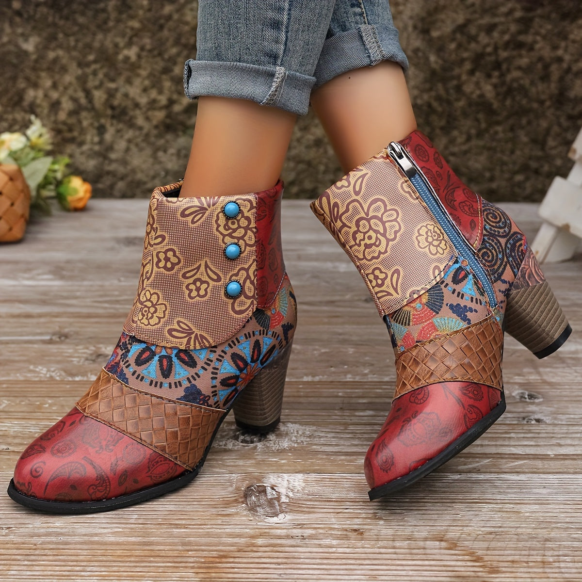 Bottines Femme Similicuir, Motif Fleuri, vue 8