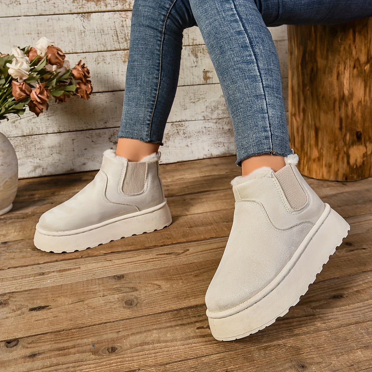 Bottines Chelsea Plateforme Femme, Col Fourrure, vue 3