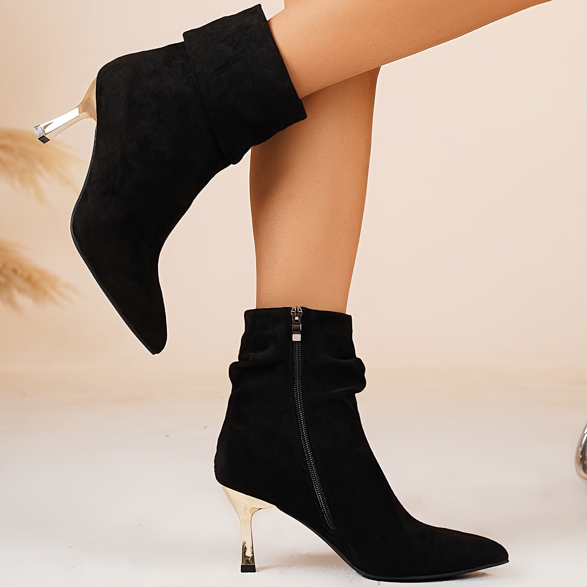Bottines Femme Talon Fin Doré, Tige Froncée, Suédine, vue 16