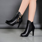 Bottines Talon Haut Femme Similicuir Noir, Boucle Dorée, Zip, vue 6