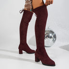 Bottes Cuissardes Femme Aspect Daim, Talon Bloc, Cordon – coloris bordeaux