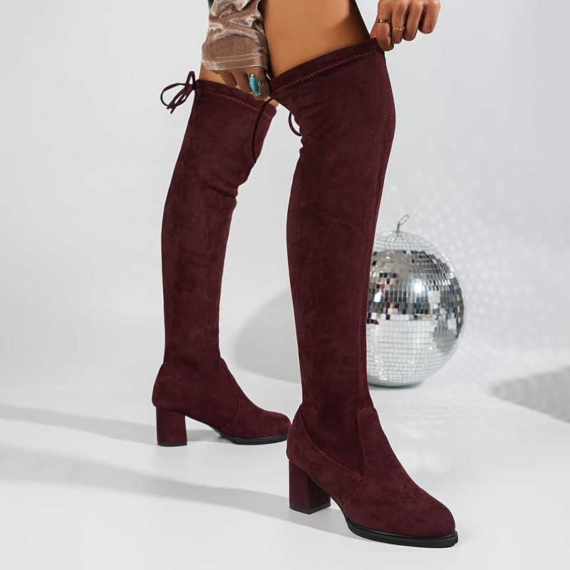 Bottes Cuissardes Femme Aspect Daim, Talon Bloc, Cordon – coloris bordeaux