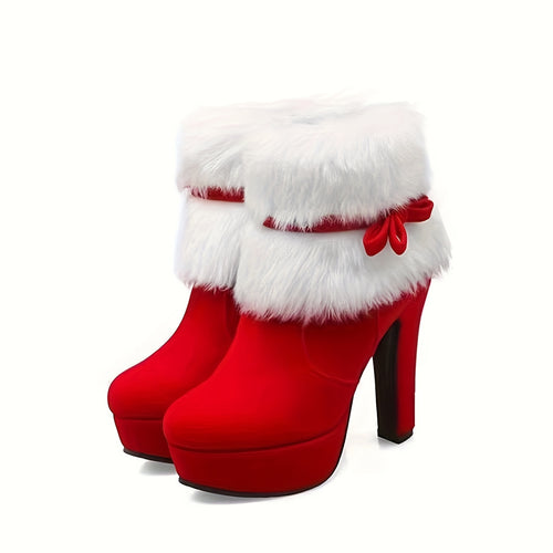 Bottines Femme Flanelle, Col Fourrure, Talon Haut Plateforme