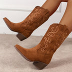 Bottes Cowboy Femme Brodées, Aspect Daim – coloris marron clair