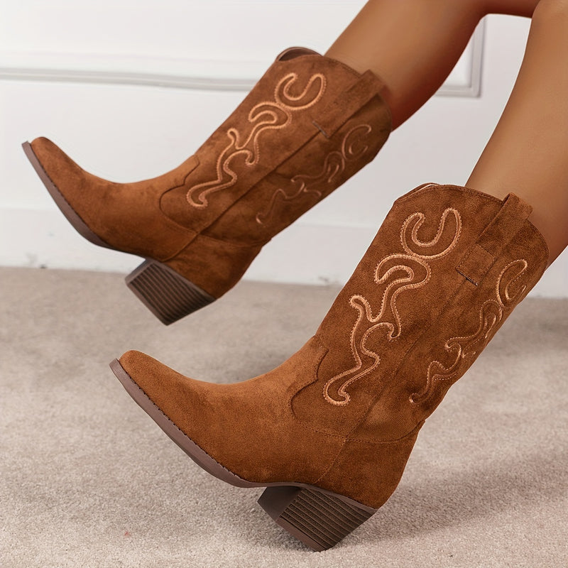 Bottes Cowboy Femme Brodées, Aspect Daim – coloris marron clair