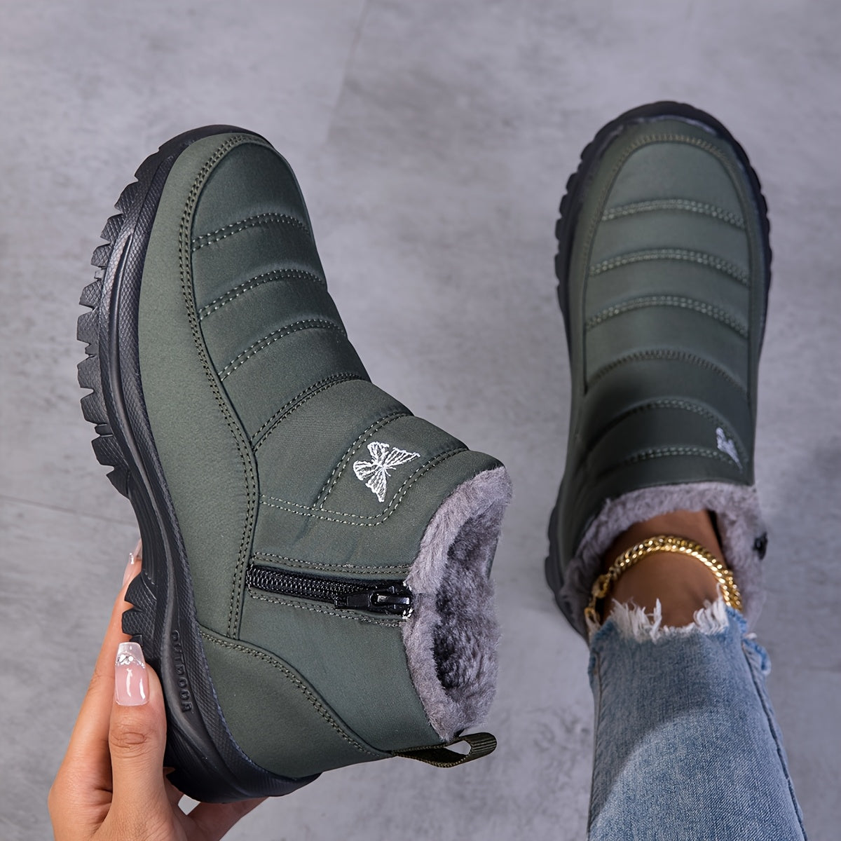 Bottes de Neige Femme, Fermeture Zip – coloris vert olive