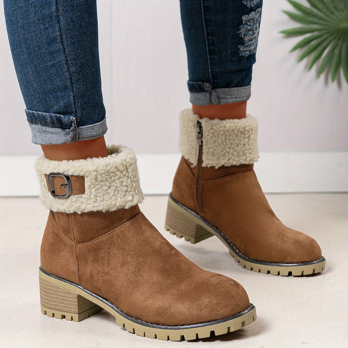 Bottes Fourrées Femme Courtes, Col Sherpa, Aspect Daim, vue 15